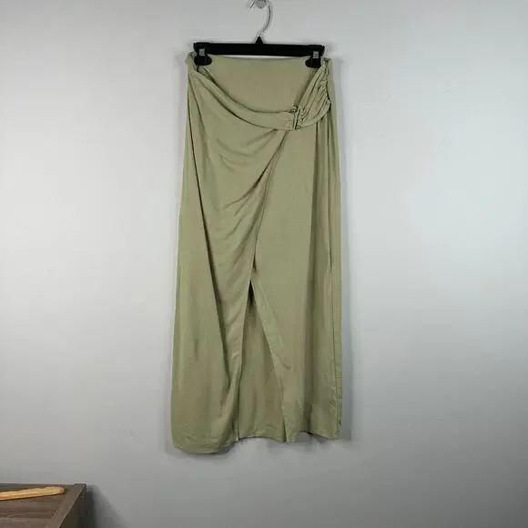 Stradivarius Green Linen Blend Asymmetrical Light Green Midi Skirt - Picture 3 of 9